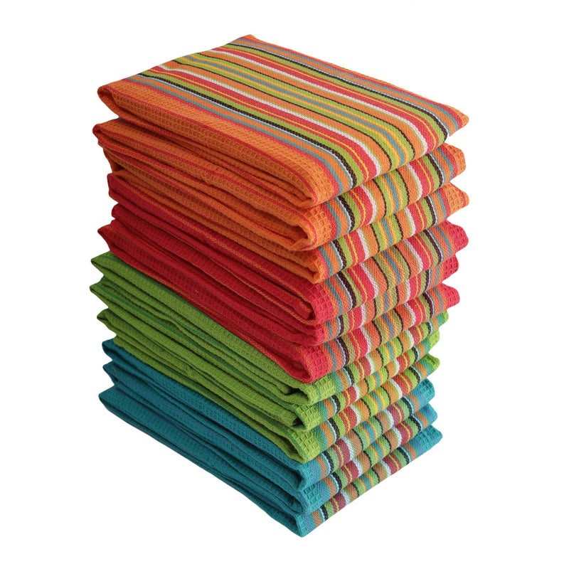 DG Collections Salsa Stripe Kitchen Dish Towels, 100% Cotton, Highly Absorbent, Multi Purpose Waffle Tea Towels for Cooking, Drying & Cleaning, 16x28 Inches, Pack of 12 - Image 1